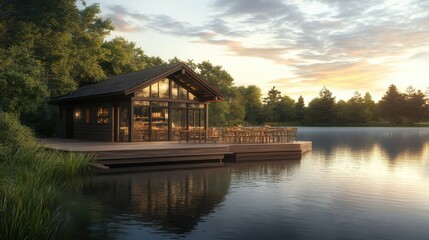Obraz premium Tranquil lakeside cabin at sunset with dining area and serene reflections