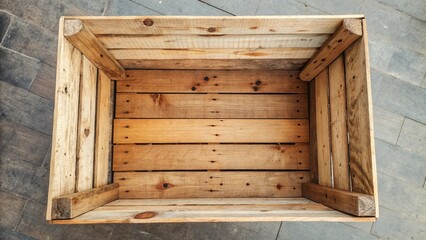 An empty wooden crate made of light-colored planks, viewed from above, showcasing a rustic storage solution.
