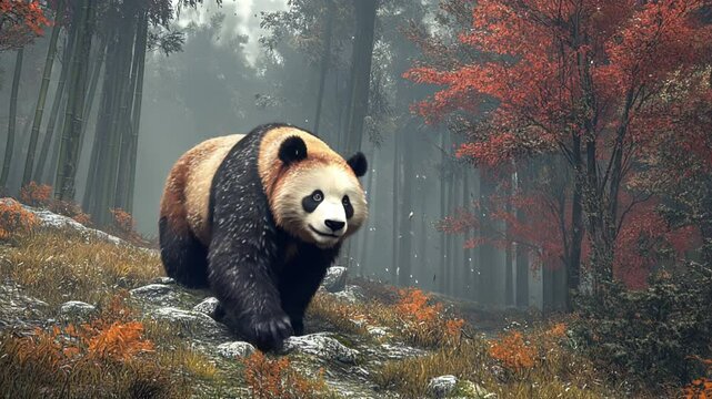 giant panda walking through forest