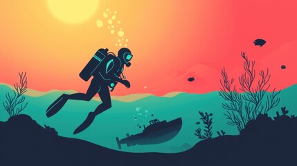 Underwater Adventure with Diver Exploring Sunken Shipwreck in Vibrant Ocean Landscape at Dusk with Colorful Marine Life Surrounding