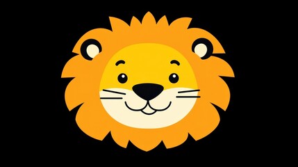 Obraz premium Cute cartoon lion head, front view, isolated on black background, suitable for children's products