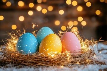 Obraz premium Colorful Easter eggs nestled in a straw nest, illuminated by soft fairy lights in a cozy, festive atmosphere during springtime