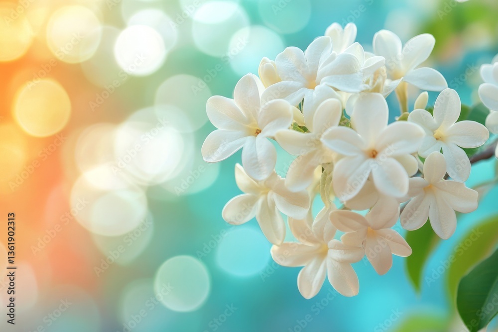Poster beautiful white jasmine flowers bloom against a colorful blurred background in a serene natural sett