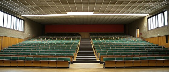 An empty lecture hall with rows of green seating arrangements