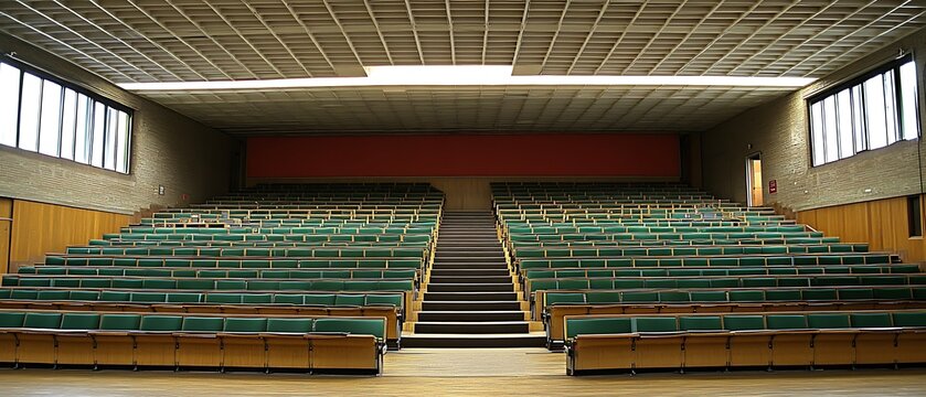 An empty lecture hall with rows of green seating arrangements