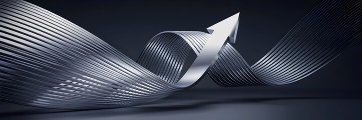 Obraz premium 3D render of twisting lines forming a sharp arrow with reflective highlights on dark gradient background
