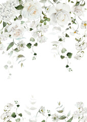 Watercolor white green floral illustration. Hydrangea myosotis frame template. Wedding invitation, greeting, wallpapers, prints, fashion, background. Eucalyptus, olive, leaves, ivy, rose, peony. © Veris Studio