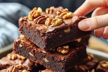 A tempting stack of homemade chocolate brownies with walnut toppings, close up shot showcasing a hand gently picking a piece, perfect for dessert or a sweet indulgence.