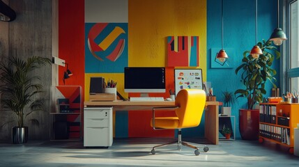 Modern workspace with vibrant colorful walls, a yellow office chair, and various design elements. Plants and office supplies add to the creative atmosphere. The room is well-lit with natural light