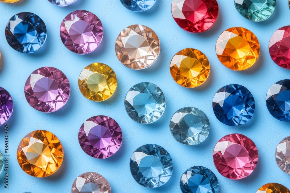 Poster colorful sparkling gems arranged in a vibrant pattern on a light blue background during daylight hou