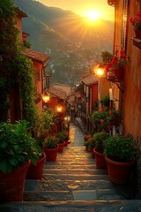 A narrow cobbled street at sunset with plants and houses