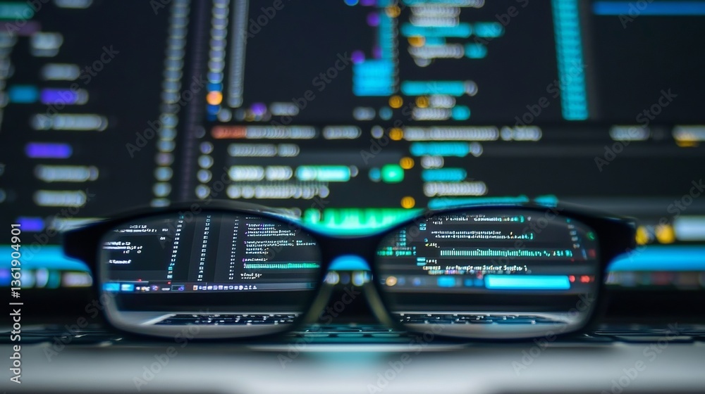 Wall mural reflections in glasses on a laptop screen filled with coding text and highlights