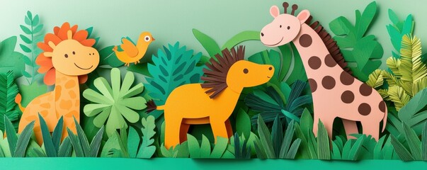 kids art craft and collage concept. Colorful paper animals in a vibrant jungle scene.