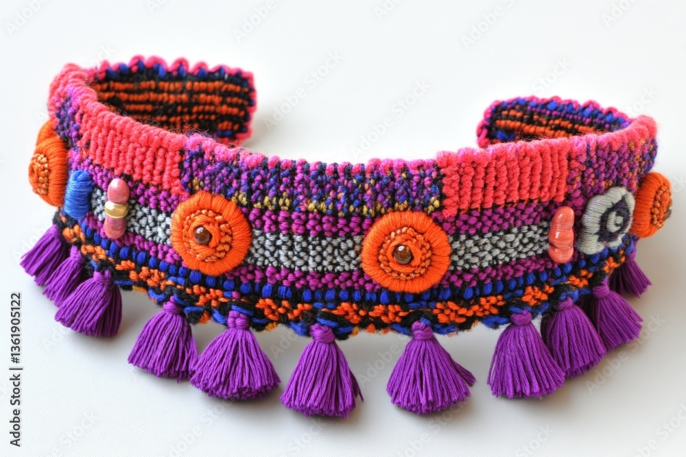 Poster vibrant handmade textile headband showcasing intricate patterns and colorful tassels in lively desig
