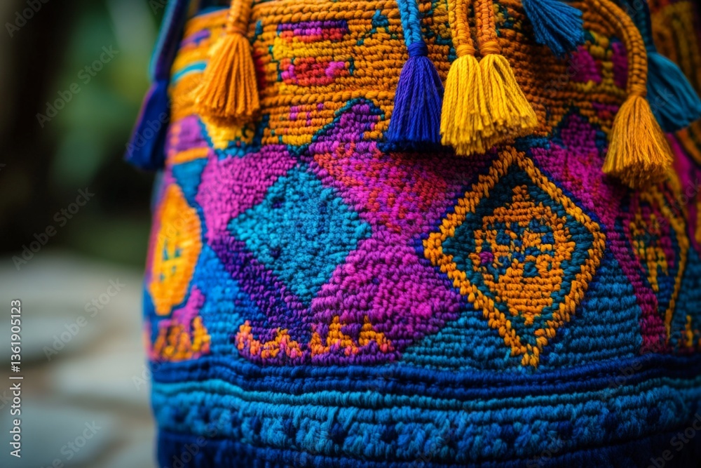 Poster brightly colored woven bag adorned with tassels showcasing unique patterns in a vibrant artisan mark