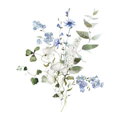 Watercolor floral bouquet. Hydrangea myosotis rose peony blue white flowers, green leaves branches collection. Wedding invitations, greeting card, wallpaper, fashion, prints, fashion, templates.