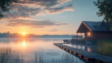Fototapeta premium Tranquil lakeside cabin at sunrise with serene reflections and nature