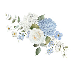 Watercolor floral bouquet. Hydrangea myosotis rose peony blue white flowers, green leaves branches collection. Wedding invitations, greeting card, wallpaper, fashion, prints, fashion, templates.