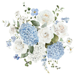Watercolor floral bouquet. Hydrangea myosotis rose peony blue white flowers, green leaves branches collection. Wedding invitations, greeting card, wallpaper, fashion, prints, fashion, templates.
