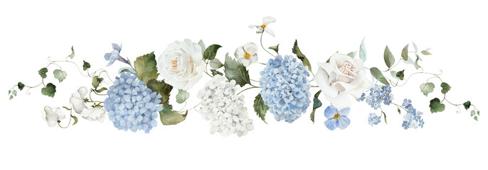 Watercolor floral bouquet border. Hydrangea myosotis rose peony blue white flowers, green leaves branches collection. Wedding invitations, greeting card, wallpaper, fashion, prints, fashion, template © Veris Studio