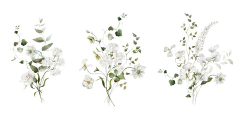 Watercolor floral bouquet illustration set. Hydrangea myosotis white flowers, green leaves branches collection. Wedding invitations, greeting card, wallpaper, fashion, prints, fashion, templates.