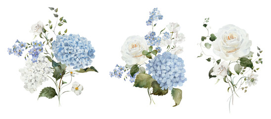 Watercolor floral bouquet illustration set. Hydrangea myosotis rose peony blue white flowers, green leaves branches collection. Wedding invitations, wallpaper, fashion, prints, fashion, templates.