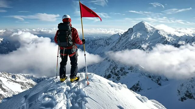 1_Mountaineer Planting a Flag on a Snowy Summit