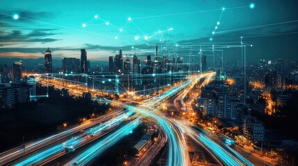 Fototapeta premium Smart City at Night: A Network of Lights and Connections