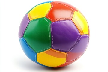 Obraz premium Colorful soccer ball with multi-colored panels sits against a plain white background showcasing its vibrant design