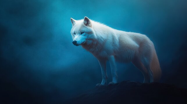 Majestic Arctic Wolf Standing on a Rock Amidst a Foggy Blue Atmosphere with a Mysterious and Enigmatic Aura in a Natural Setting