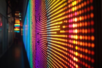 Colorful LED display lights up modern hallway at night in urban setting