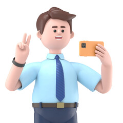 3D Illustration of smiling Asian man Felix in headphones make video call or selfie by smartphone and show victory sign.Supports PNG files with transparent backgrounds.