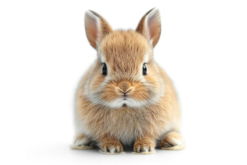 Obraz premium Adorable fluffy brown rabbit sitting on a white background, exuding cuteness and charm.