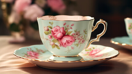 Fototapeta premium tea set in the restaurant cup of tea and teapot porcelain tea service teacup