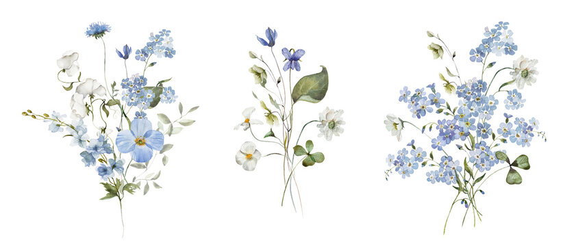 Watercolor floral bouquet illustration set. Hydrangea myosotis rose peony blue white flowers, green leaves branches collection. Wedding invitations, wallpaper, fashion, prints, fashion, templates.