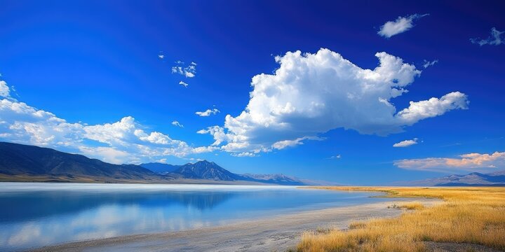Tooele Utah Reservoir: Scenic Lake and Rolling Hills under Blue Sky with Puffy White Clouds