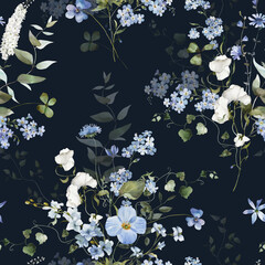 Seamless watercolor floral pattern. Hydrangea, myosotis, rose, peony. Blue green white flowers, leaves on black background. Fashion, fabric, wrappers, wallpapers, prints, wedding invitations. © Veris Studio