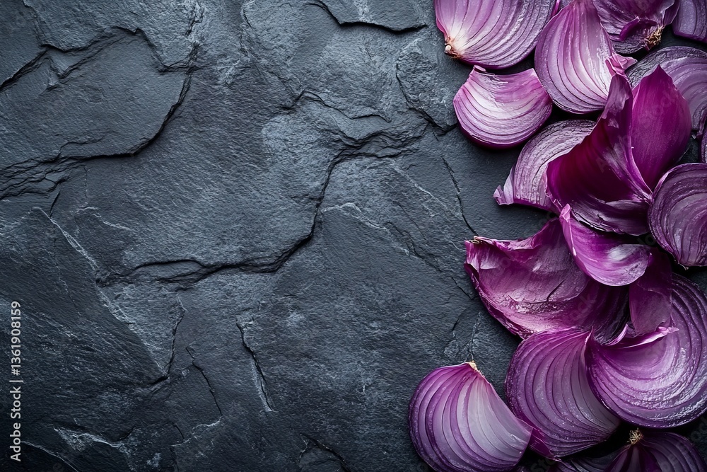 Poster Purple onion slices arranged on a dark stone background showcasing their vibrant color and texture in a kitchen setting