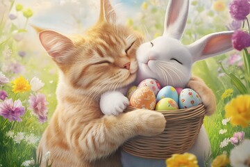Cat Hugs the Easter Bunny