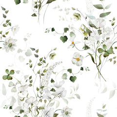 Seamless watercolor floral pattern. Hydrangea, myosotis, rose, peony. White flowers, green leaves on white background. Fashion, fabric, wrappers, wallpapers, prints, wedding invitations. © Veris Studio