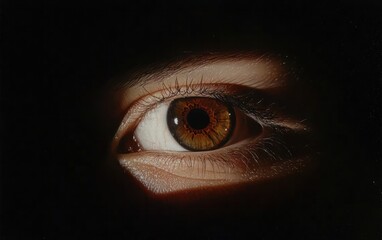 Close-up of a hazel eye with glitter makeup, set against a dark background. The image emphasizes the eye's intricate details and texture