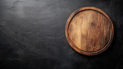Fototapeta premium Rustic wooden round cutting board placed on a textured dark stone surface, ideal for culinary presentations