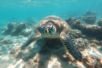 Fototapeta premium Underwater turtle swims gracefully among coral reefs in clear ocean waters