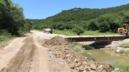 River crossing construction with heavy equipment on a dirt road in a rural area