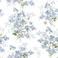 Seamless watercolor floral pattern. Hydrangea, myosotis, rose, peony. Blue green white flowers, leaves on white background. Fashion, fabric, wrappers, wallpapers, prints, wedding invitations.