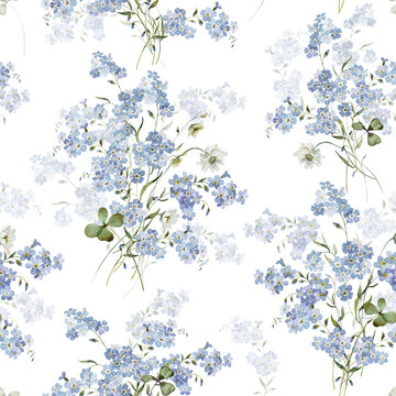 Seamless watercolor floral pattern. Hydrangea, myosotis, rose, peony. Blue green white flowers, leaves on white background. Fashion, fabric, wrappers, wallpapers, prints, wedding invitations.