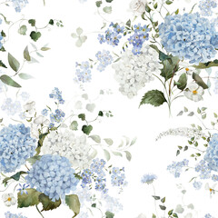 Seamless watercolor floral pattern. Hydrangea, myosotis, rose, peony. Blue green white flowers, leaves on white background. Fashion, fabric, wrappers, wallpapers, prints, wedding invitations. © Veris Studio