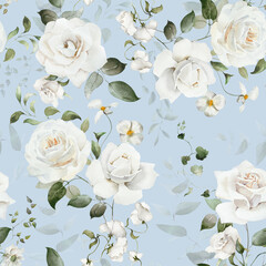 Seamless watercolor floral pattern. Hydrangea, myosotis, rose, peony. White flowers, green leaves on blue background. Fashion, fabric, wrappers, wallpapers, prints, wedding invitations. © Veris Studio