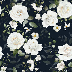 Seamless watercolor floral pattern. Hydrangea, myosotis, rose, peony. White flowers, green leaves on black background. Fashion, fabric, wrappers, wallpapers, prints, wedding invitations.