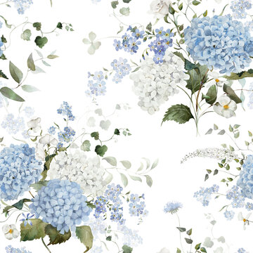 Seamless watercolor floral pattern. Hydrangea, myosotis, rose, peony. Blue green white flowers, leaves on white background. Fashion, fabric, wrappers, wallpapers, prints, wedding invitations.